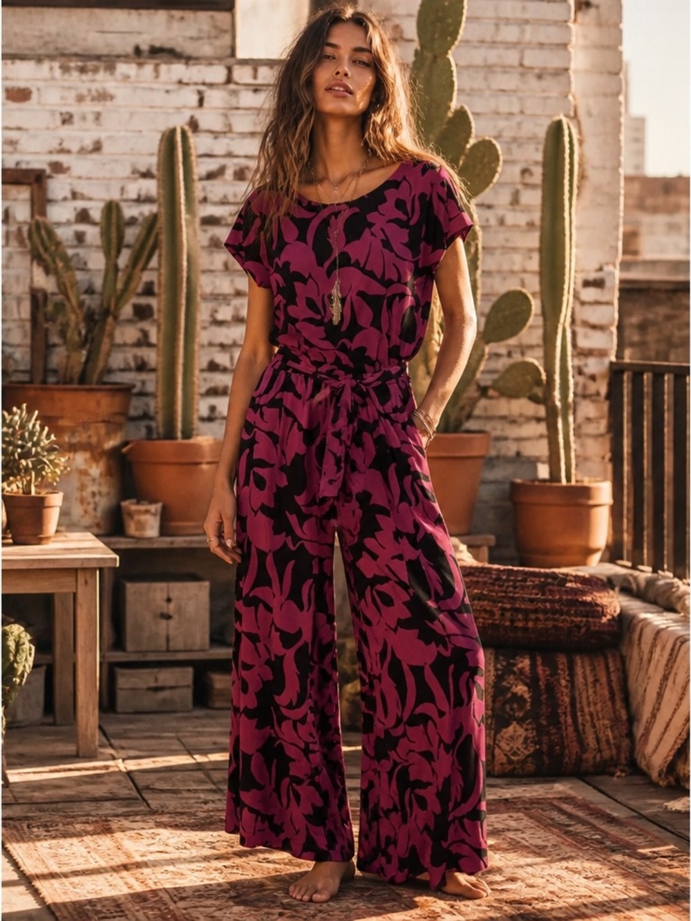 Chico's Magenta & Black Floral Tie-Waist Wide-Leg Jumpsuit